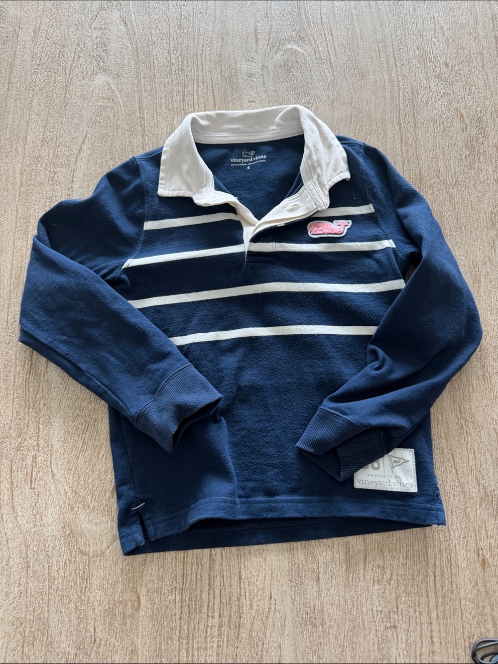Vineyard Vines Navy and White Striped Rugby with Pink Whale Patch